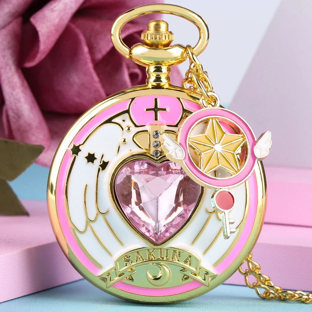 Luxury Gold Heart-shaped Gem Quartz Pocket Watch with Cardcaptor Sakura Accessory Pendant Necklace Chain Steampunk Women Gifts