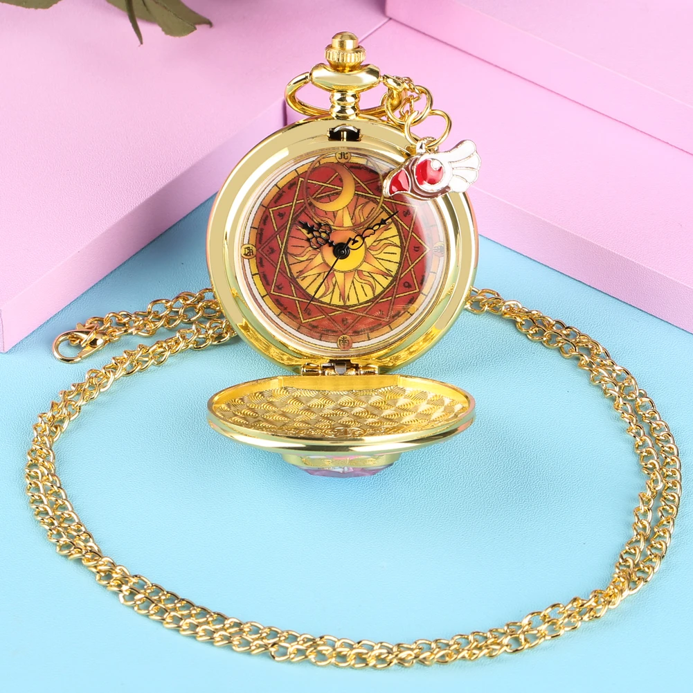 Luxury Gold Heart-shaped Gem Quartz Pocket Watch with Cardcaptor Sakura Accessory Pendant Necklace Chain Steampunk Women Gifts