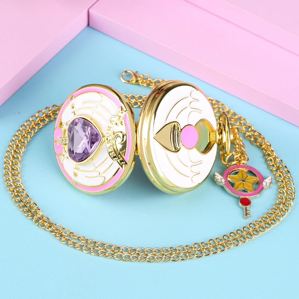 Luxury Gold Heart-shaped Gem Quartz Pocket Watch with Cardcaptor Sakura Accessory Pendant Necklace Chain Steampunk Women Gifts