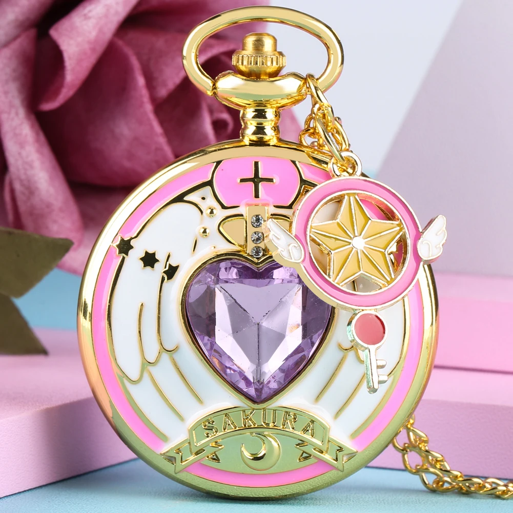 Luxury Gold Heart-shaped Gem Quartz Pocket Watch with Cardcaptor Sakura Accessory Pendant Necklace Chain Steampunk Women Gifts