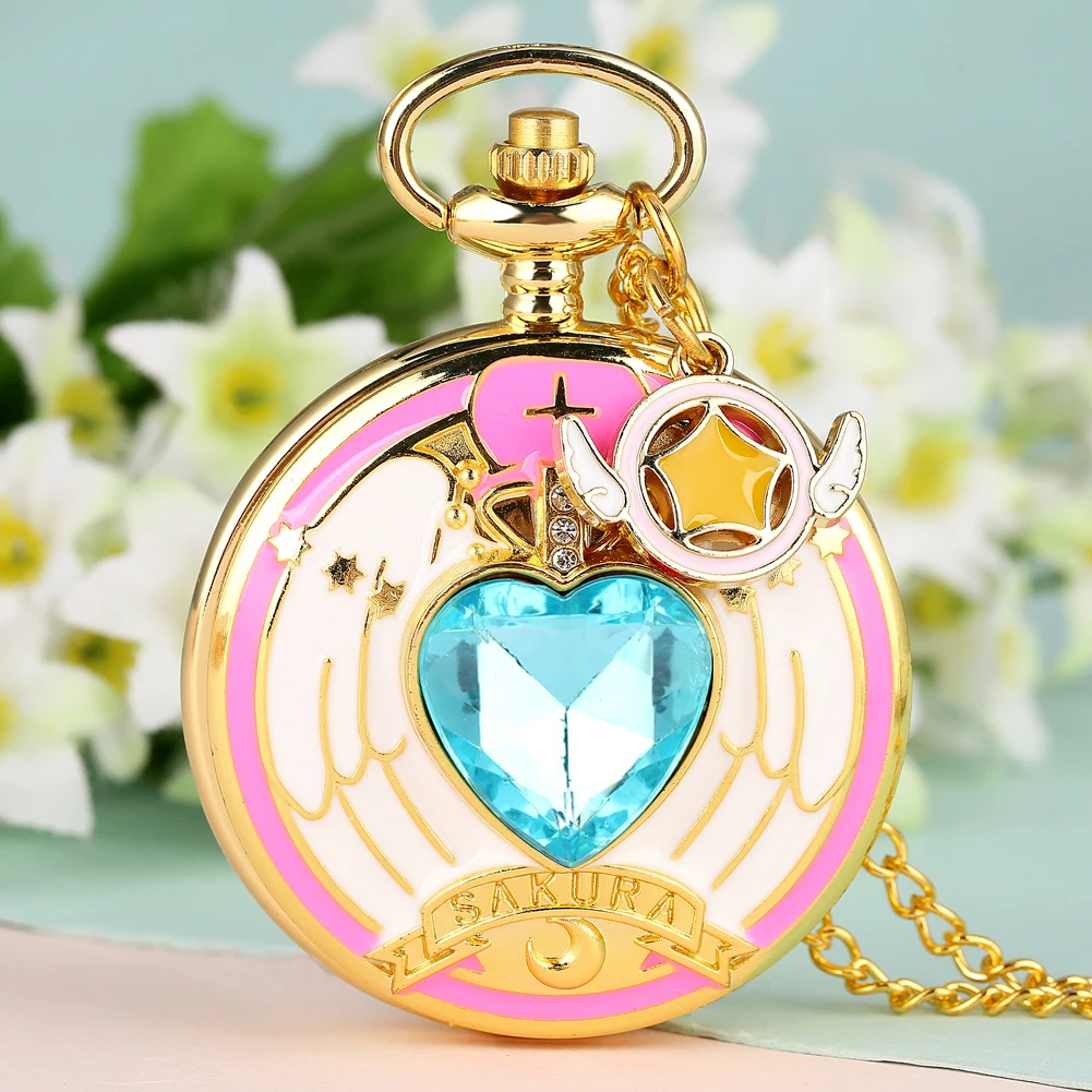 Luxury Gold Heart-shaped Gem Quartz Pocket Watch with Cardcaptor Sakura Accessory Pendant Necklace Chain Steampunk Women Gifts