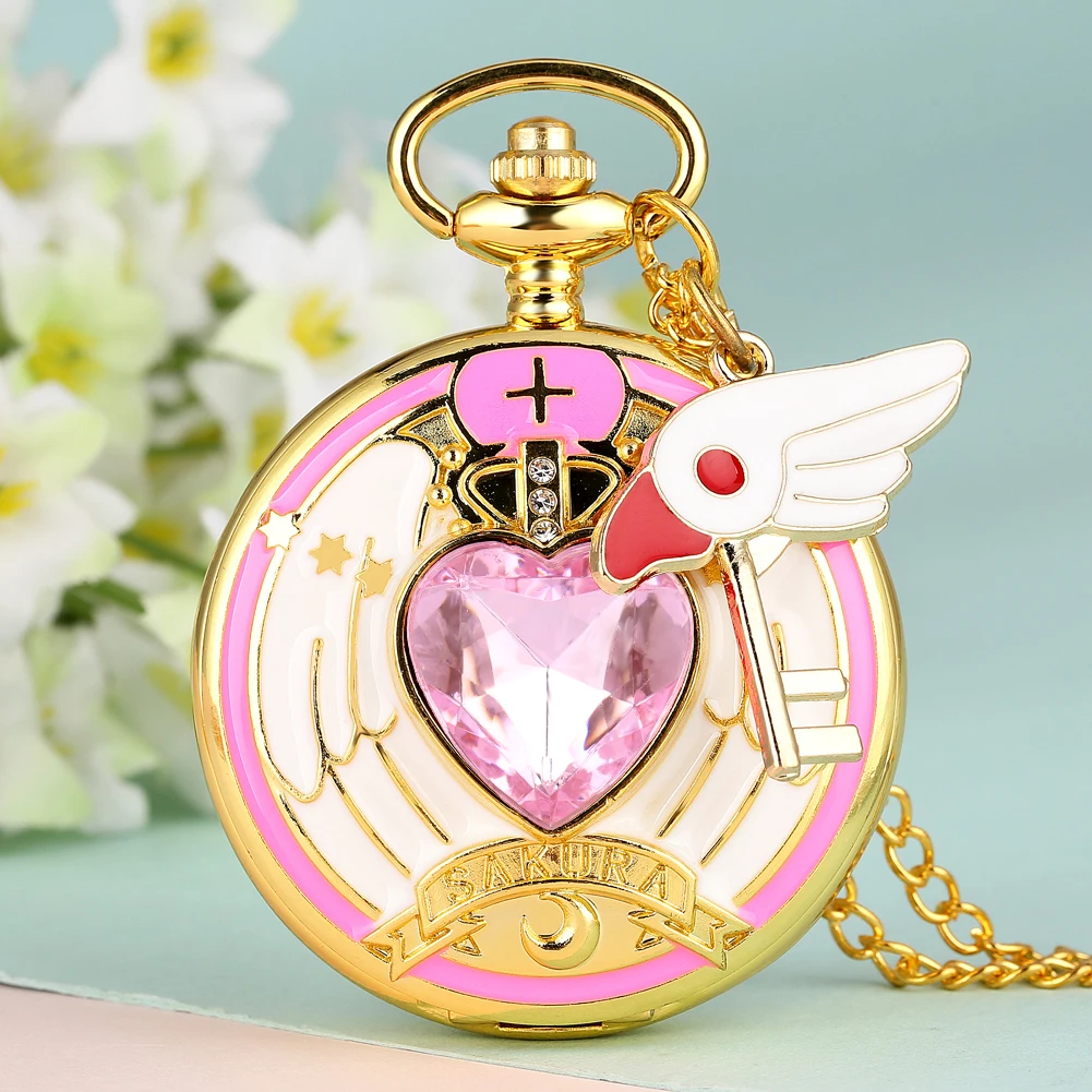 Luxury Gold Heart-shaped Gem Quartz Pocket Watch with Cardcaptor Sakura Accessory Pendant Necklace Chain Steampunk Women Gifts