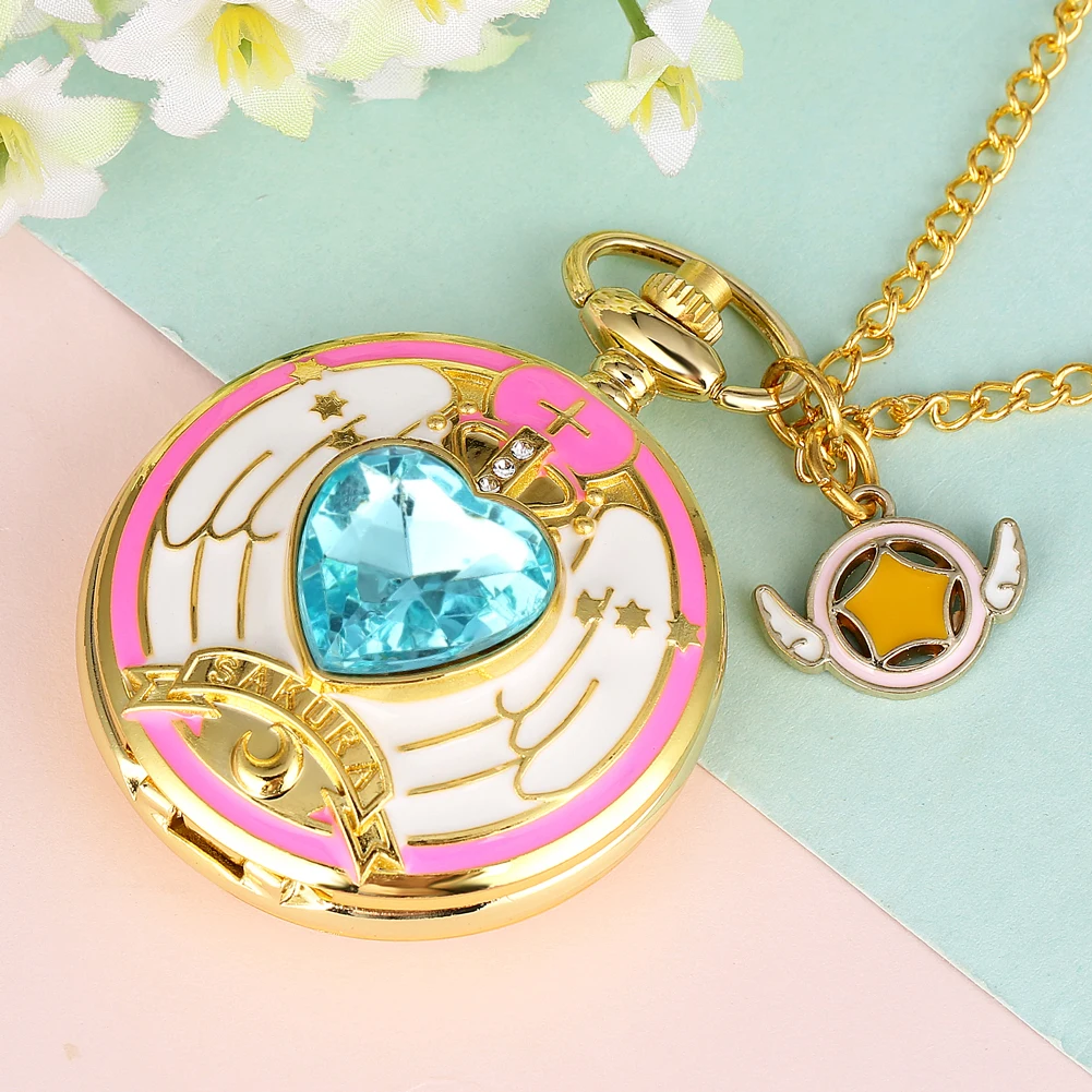 Luxury Gold Heart-shaped Gem Quartz Pocket Watch with Cardcaptor Sakura Accessory Pendant Necklace Chain Steampunk Women Gifts