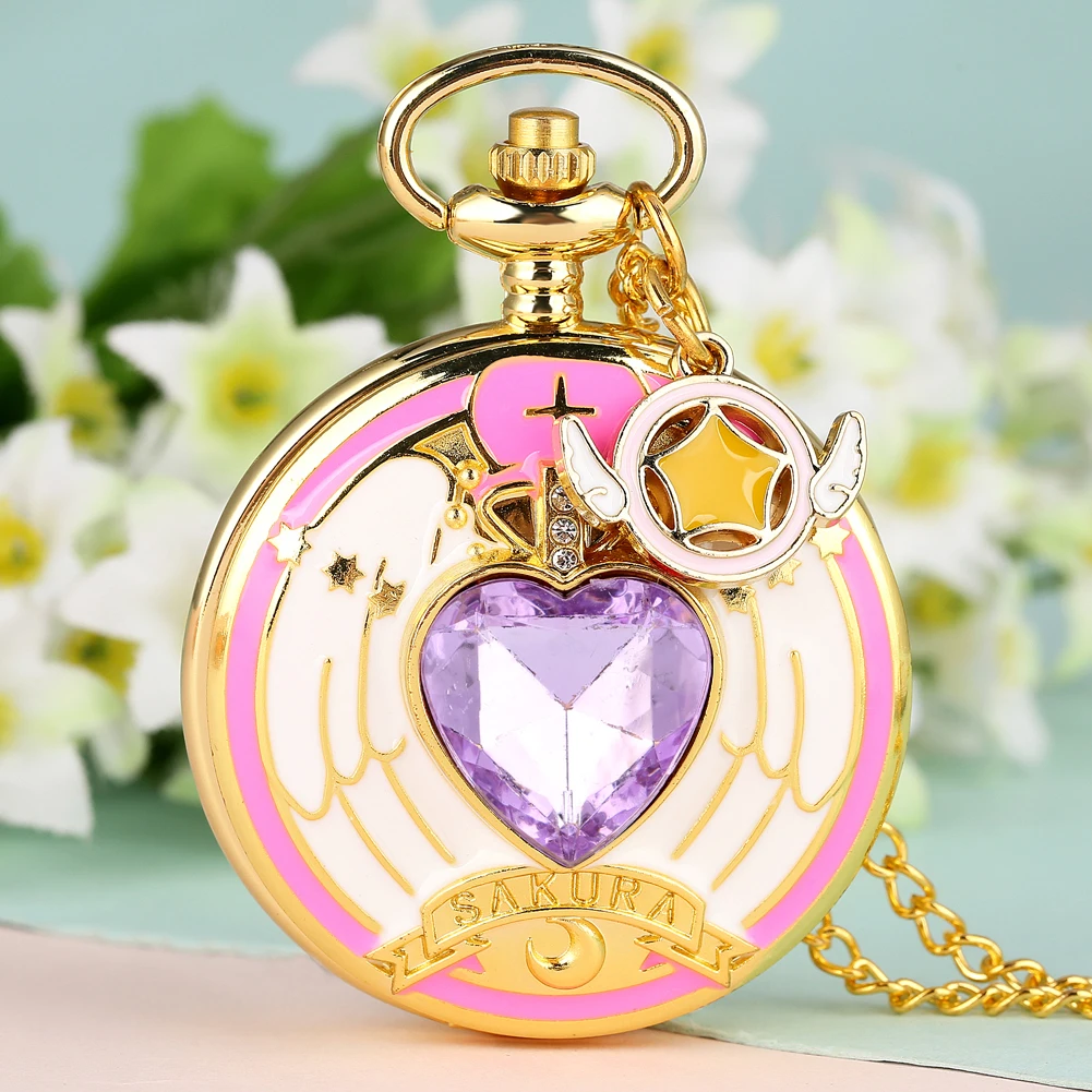 Luxury Gold Heart-shaped Gem Quartz Pocket Watch with Cardcaptor Sakura Accessory Pendant Necklace Chain Steampunk Women Gifts