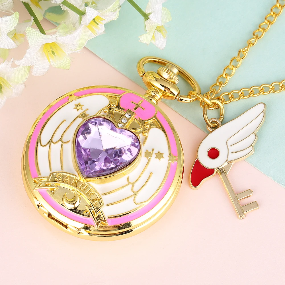 Luxury Gold Heart-shaped Gem Quartz Pocket Watch with Cardcaptor Sakura Accessory Pendant Necklace Chain Steampunk Women Gifts