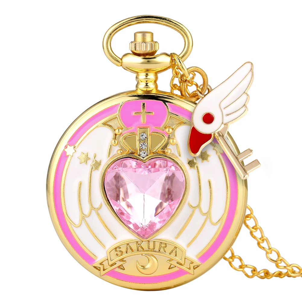 Luxury Gold Heart-shaped Gem Quartz Pocket Watch with Cardcaptor Sakura Accessory Pendant Necklace Chain Steampunk Women Gifts