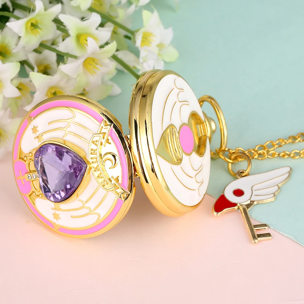 Luxury Gold Heart-shaped Gem Quartz Pocket Watch with Cardcaptor Sakura Accessory Pendant Necklace Chain Steampunk Women Gifts