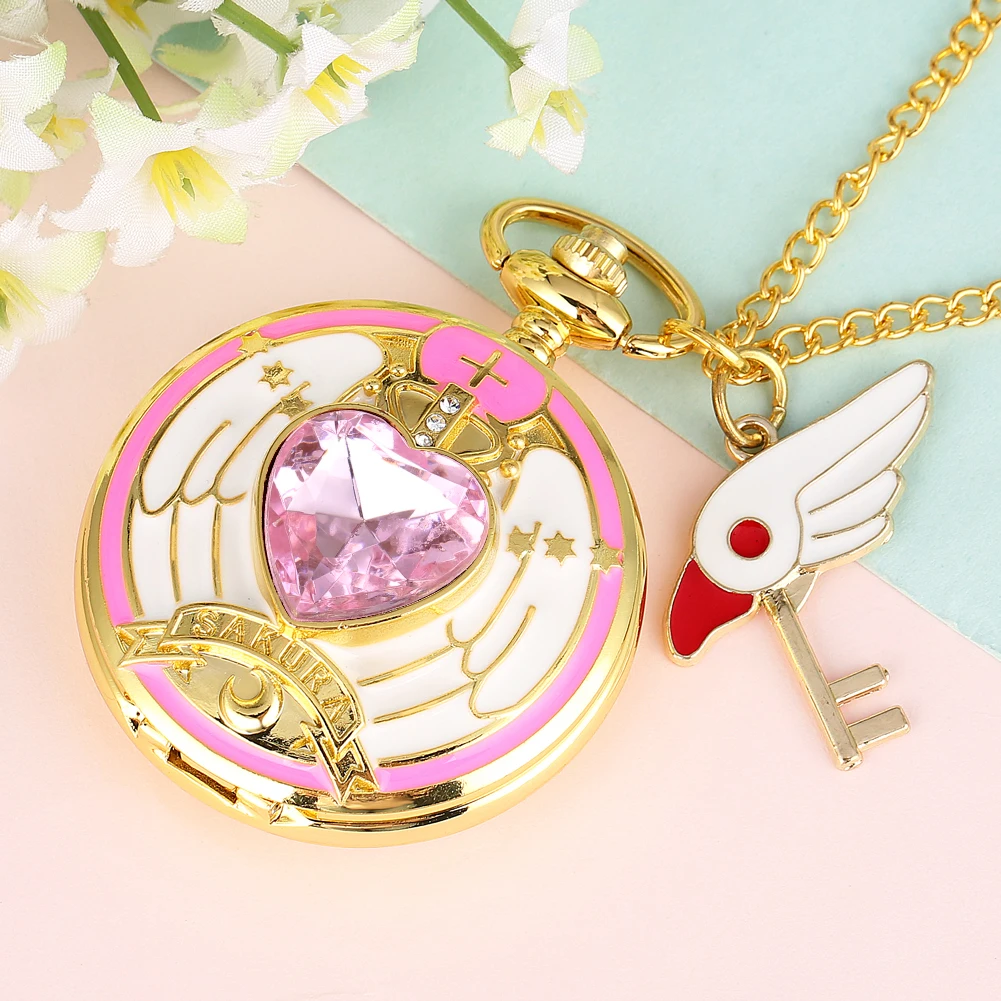 Luxury Gold Heart-shaped Gem Quartz Pocket Watch with Cardcaptor Sakura Accessory Pendant Necklace Chain Steampunk Women Gifts