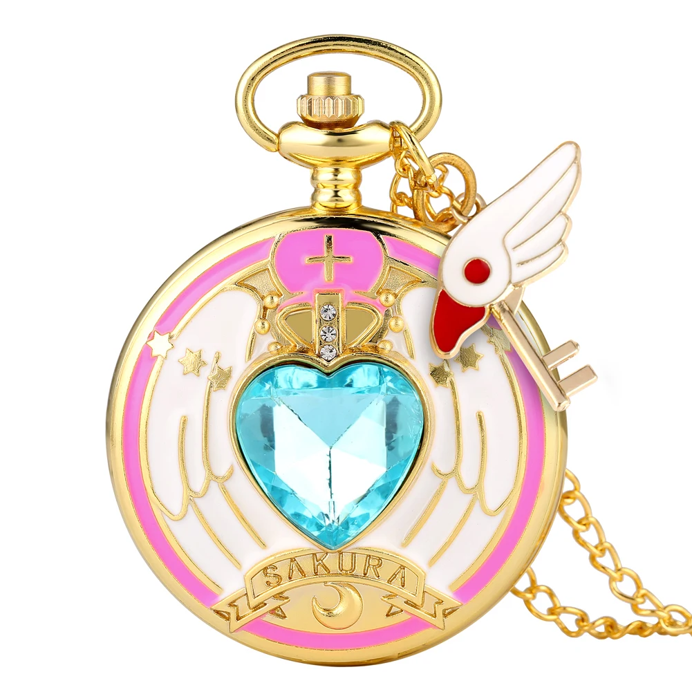 Luxury Gold Heart-shaped Gem Quartz Pocket Watch with Cardcaptor Sakura Accessory Pendant Necklace Chain Steampunk Women Gifts