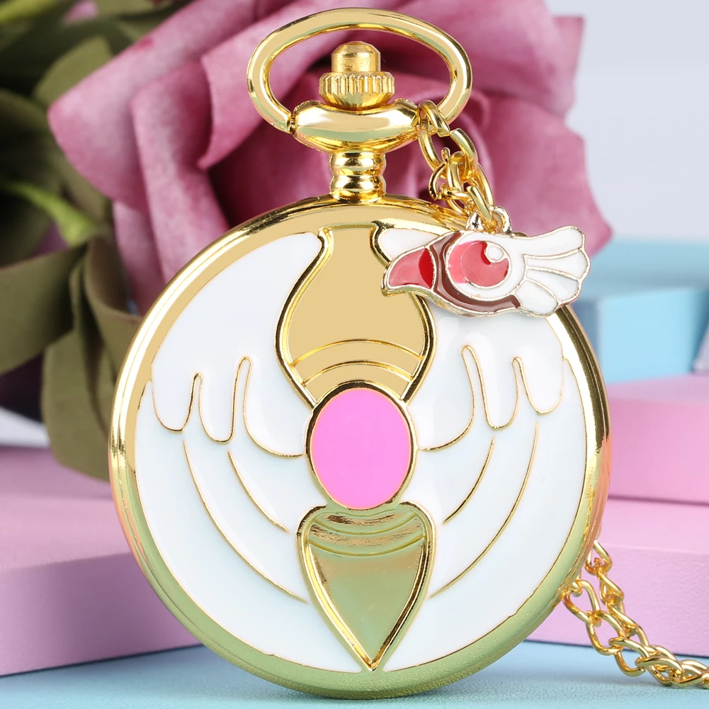 Luxury Gold Heart-shaped Gem Quartz Pocket Watch with Cardcaptor Sakura Accessory Pendant Necklace Chain Steampunk Women Gifts
