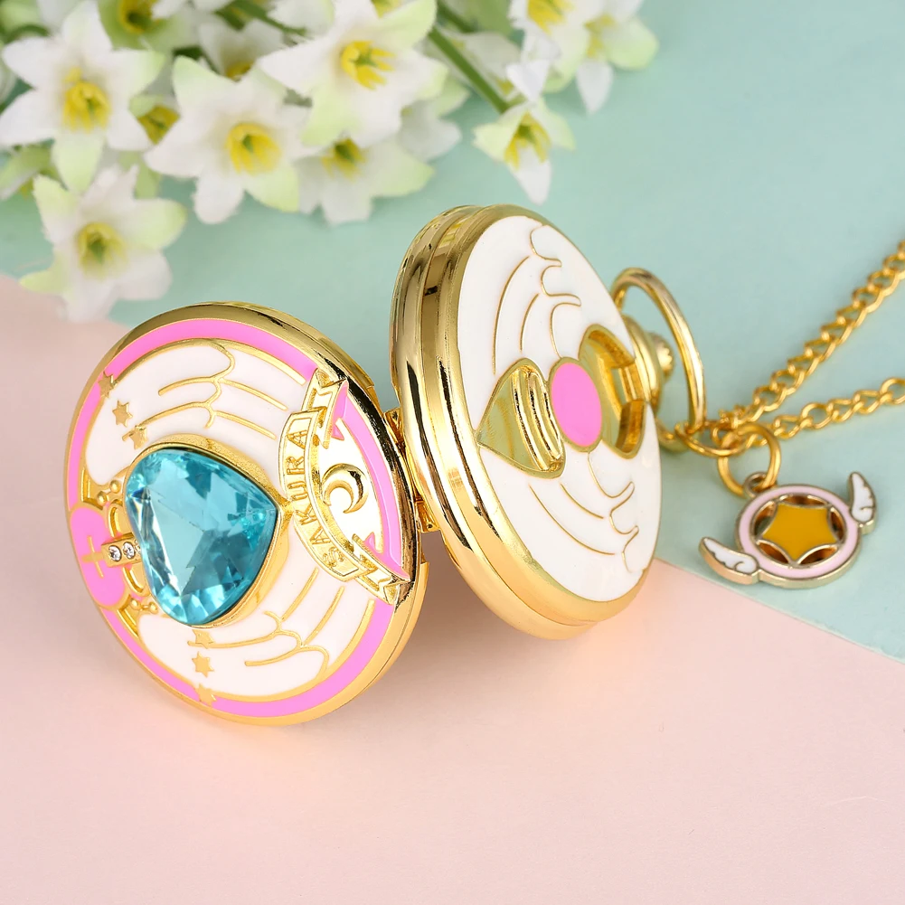 Luxury Gold Heart-shaped Gem Quartz Pocket Watch with Cardcaptor Sakura Accessory Pendant Necklace Chain Steampunk Women Gifts