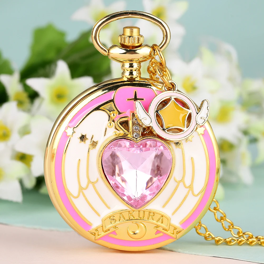 Luxury Gold Heart-shaped Gem Quartz Pocket Watch with Cardcaptor Sakura Accessory Pendant Necklace Chain Steampunk Women Gifts