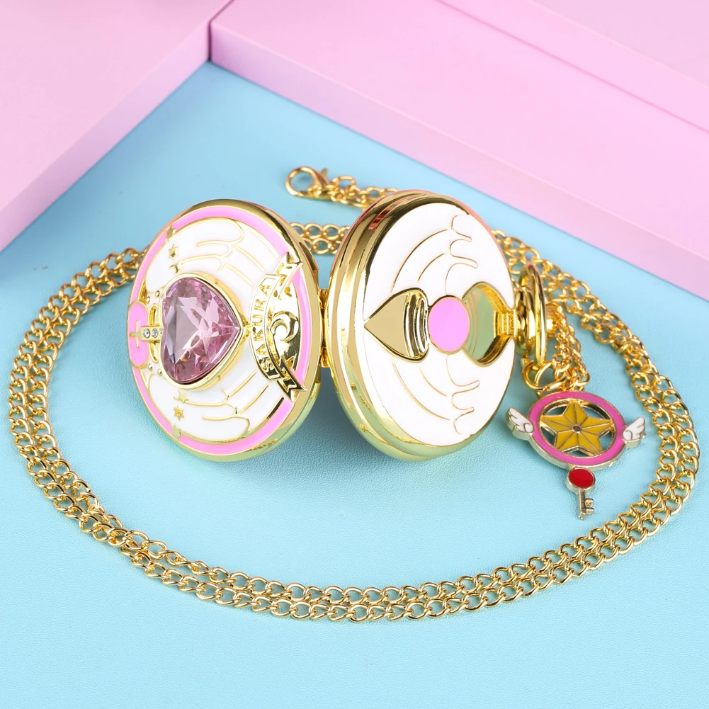Luxury Gold Heart-shaped Gem Quartz Pocket Watch with Cardcaptor Sakura Accessory Pendant Necklace Chain Steampunk Women Gifts