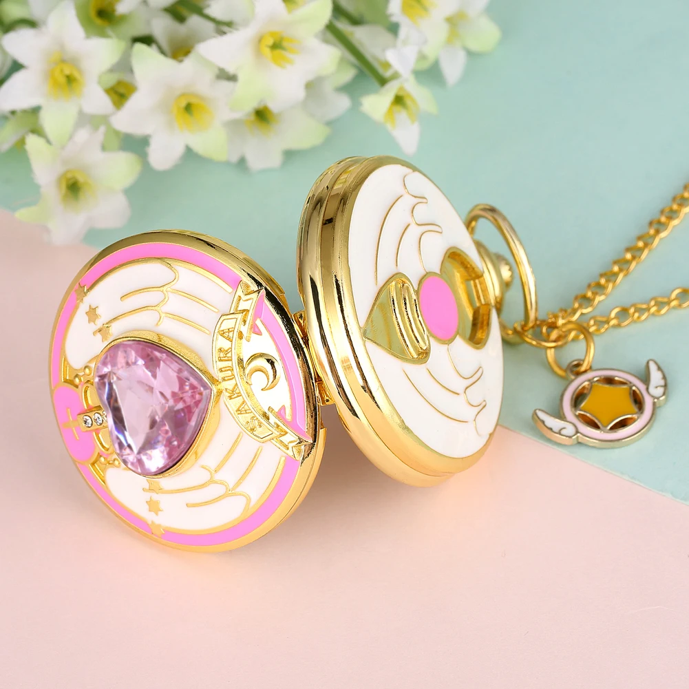 Luxury Gold Heart-shaped Gem Quartz Pocket Watch with Cardcaptor Sakura Accessory Pendant Necklace Chain Steampunk Women Gifts