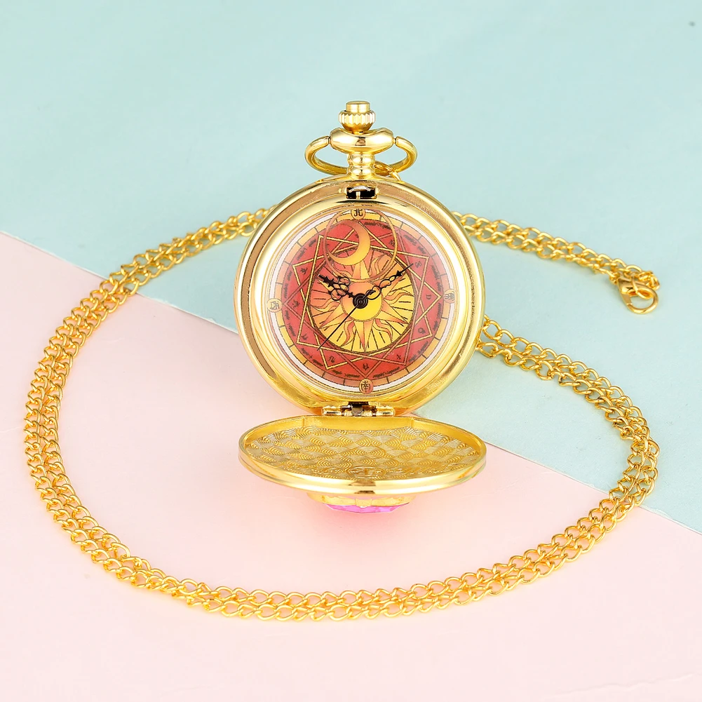 Luxury Gold Heart-shaped Gem Quartz Pocket Watch with Cardcaptor Sakura Accessory Pendant Necklace Chain Steampunk Women Gifts