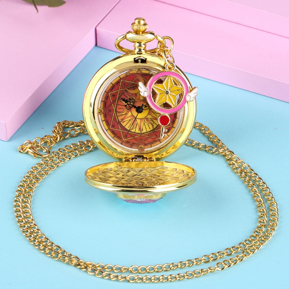 Luxury Gold Heart-shaped Gem Quartz Pocket Watch with Cardcaptor Sakura Accessory Pendant Necklace Chain Steampunk Women Gifts