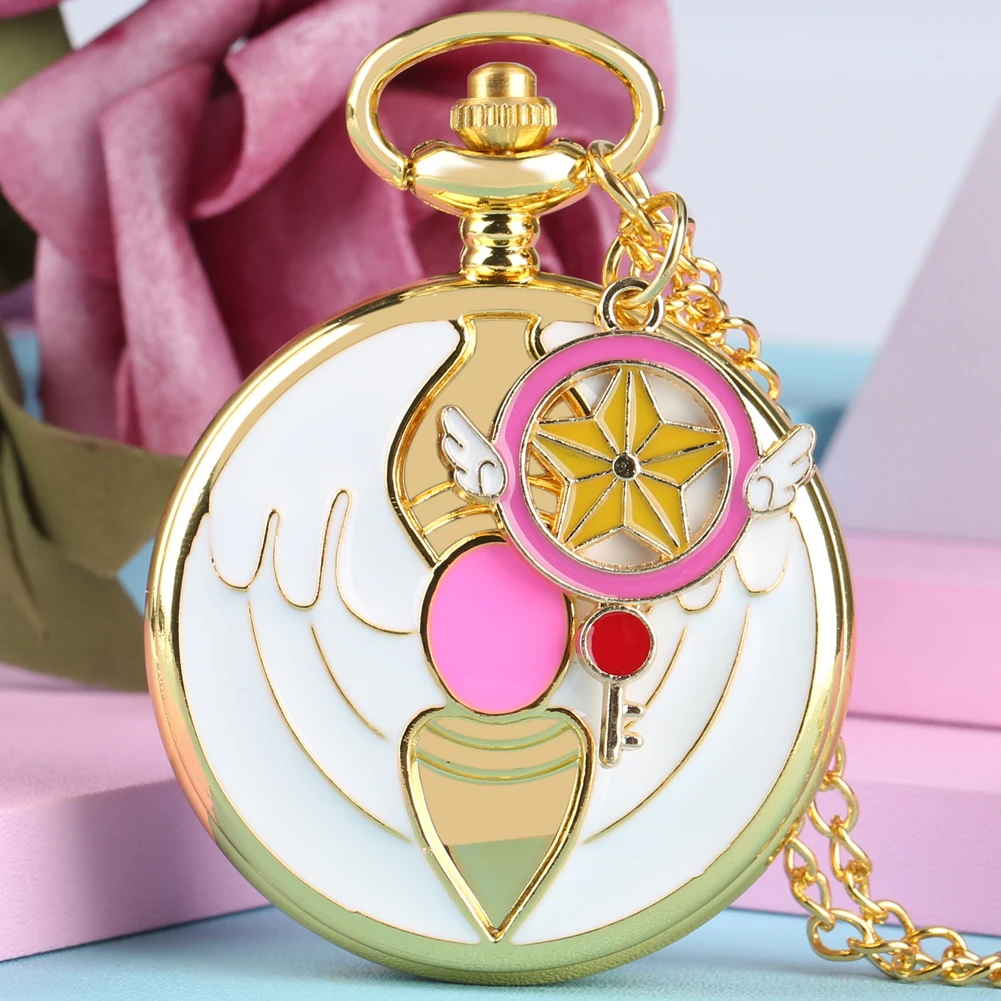 Luxury Gold Heart-shaped Gem Quartz Pocket Watch with Cardcaptor Sakura Accessory Pendant Necklace Chain Steampunk Women Gifts
