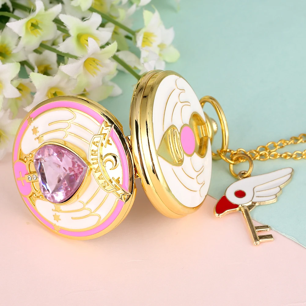 Luxury Gold Heart-shaped Gem Quartz Pocket Watch with Cardcaptor Sakura Accessory Pendant Necklace Chain Steampunk Women Gifts