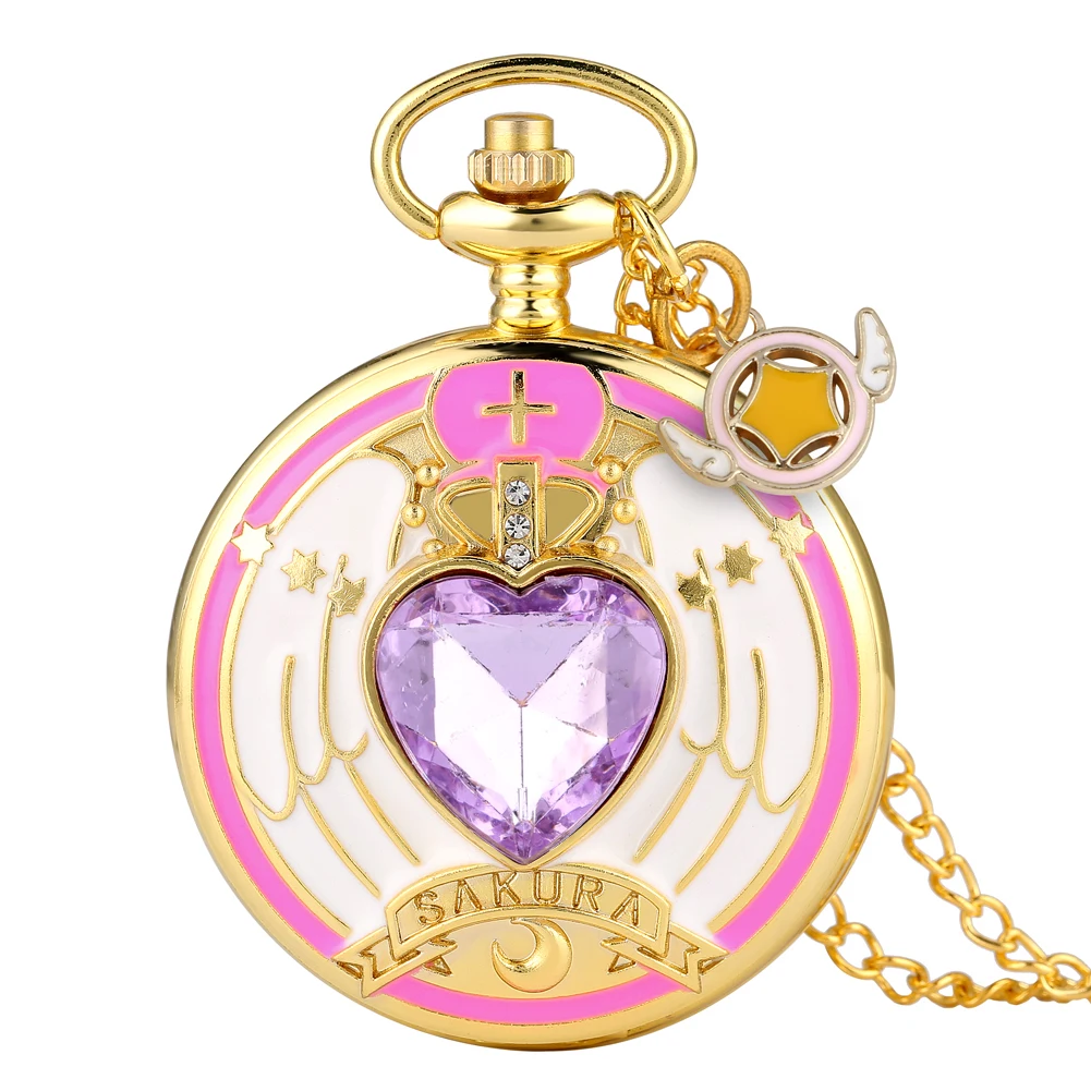 Luxury Gold Heart-shaped Gem Quartz Pocket Watch with Cardcaptor Sakura Accessory Pendant Necklace Chain Steampunk Women Gifts