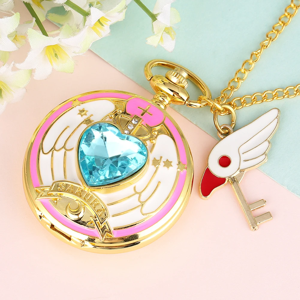 Luxury Gold Heart-shaped Gem Quartz Pocket Watch with Cardcaptor Sakura Accessory Pendant Necklace Chain Steampunk Women Gifts