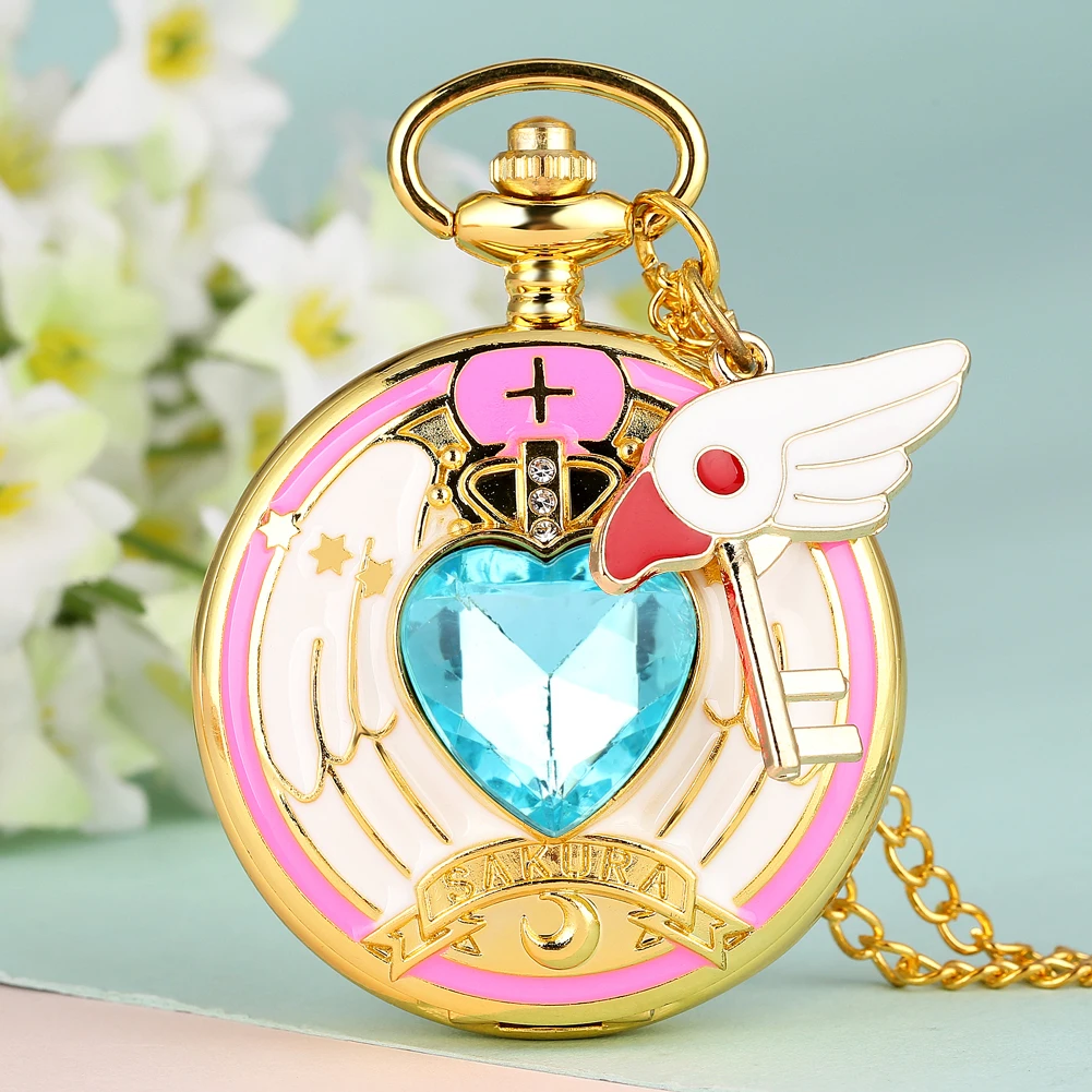 Luxury Gold Heart-shaped Gem Quartz Pocket Watch with Cardcaptor Sakura Accessory Pendant Necklace Chain Steampunk Women Gifts