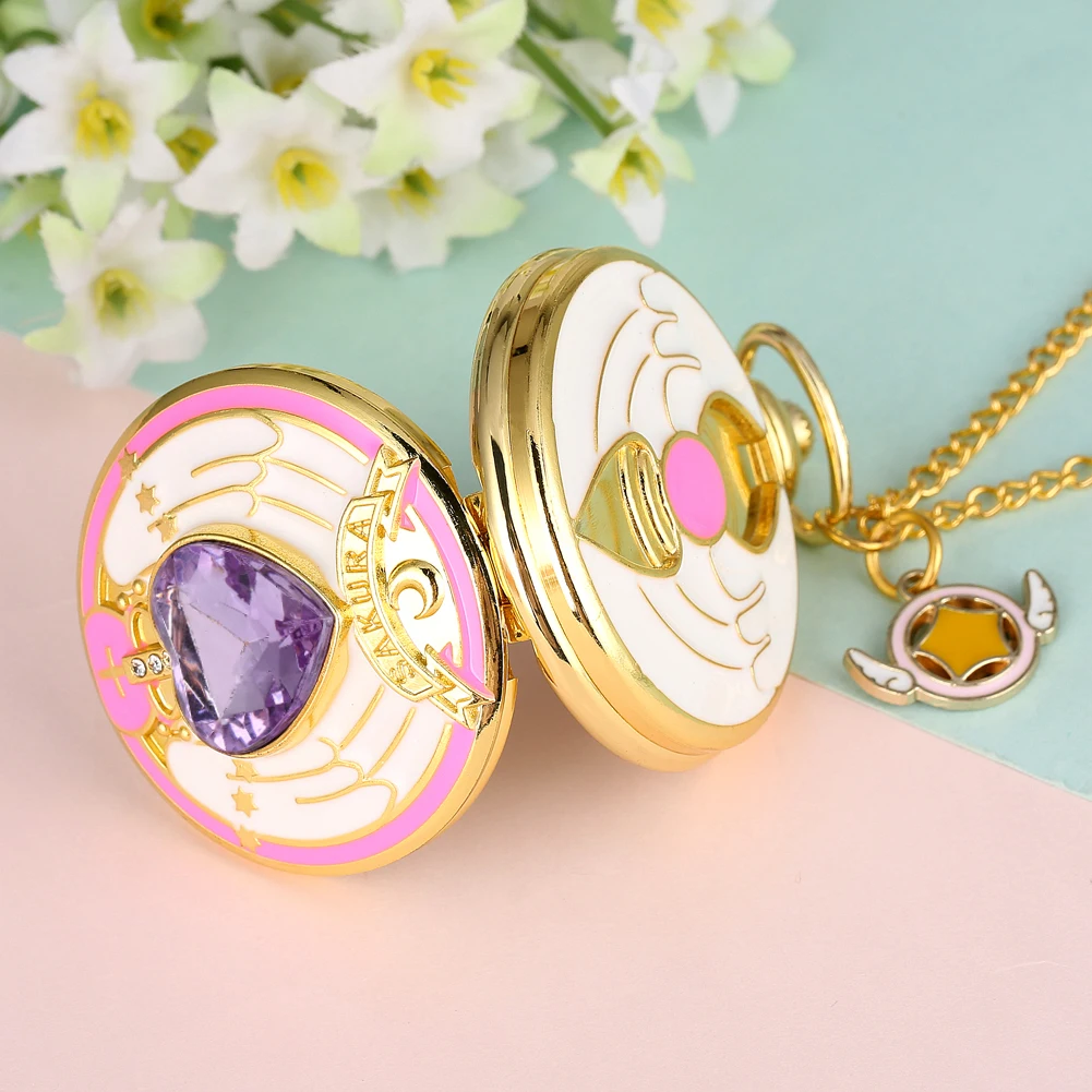 Luxury Gold Heart-shaped Gem Quartz Pocket Watch with Cardcaptor Sakura Accessory Pendant Necklace Chain Steampunk Women Gifts