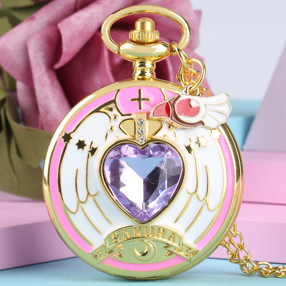 Luxury Gold Heart-shaped Gem Quartz Pocket Watch with Cardcaptor Sakura Accessory Pendant Necklace Chain Steampunk Women Gifts