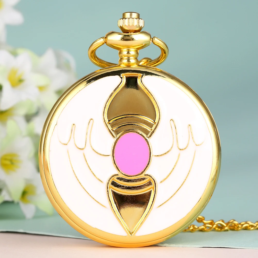Luxury Gold Heart-shaped Gem Quartz Pocket Watch with Cardcaptor Sakura Accessory Pendant Necklace Chain Steampunk Women Gifts