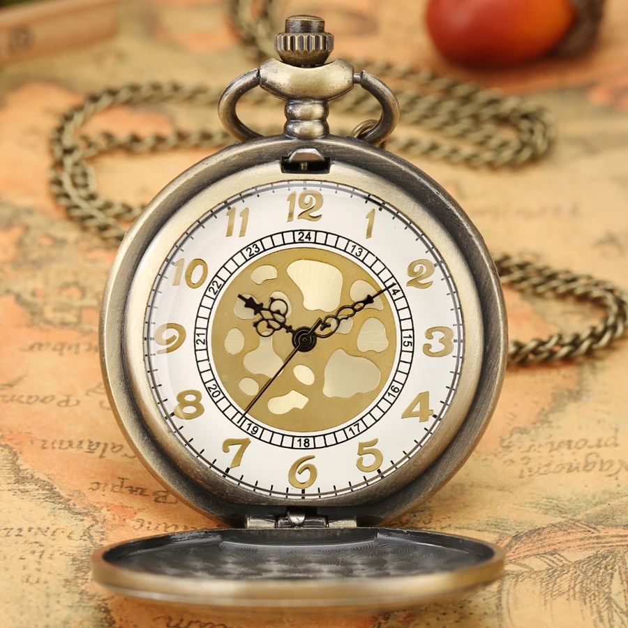 Retro Bronze Hollow Flip Quartz Pocket Watch Roman Numerals Gold Dial Watch Fashionable and Nice Chain Pendant Necklace Gifts