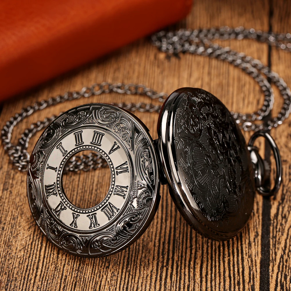 Retro Bronze Hollow Flip Quartz Pocket Watch Roman Numerals Gold Dial Watch Fashionable and Nice Chain Pendant Necklace Gifts
