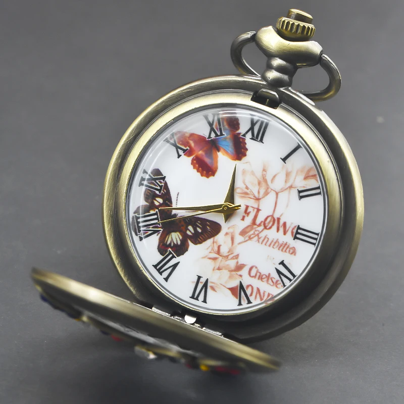 Retro Bronze Steampunk Butterfly Hollowed-Out Engraved Quartz Pocket Watch Necklace Pendant Clock Chain Men And Women Chain Gift