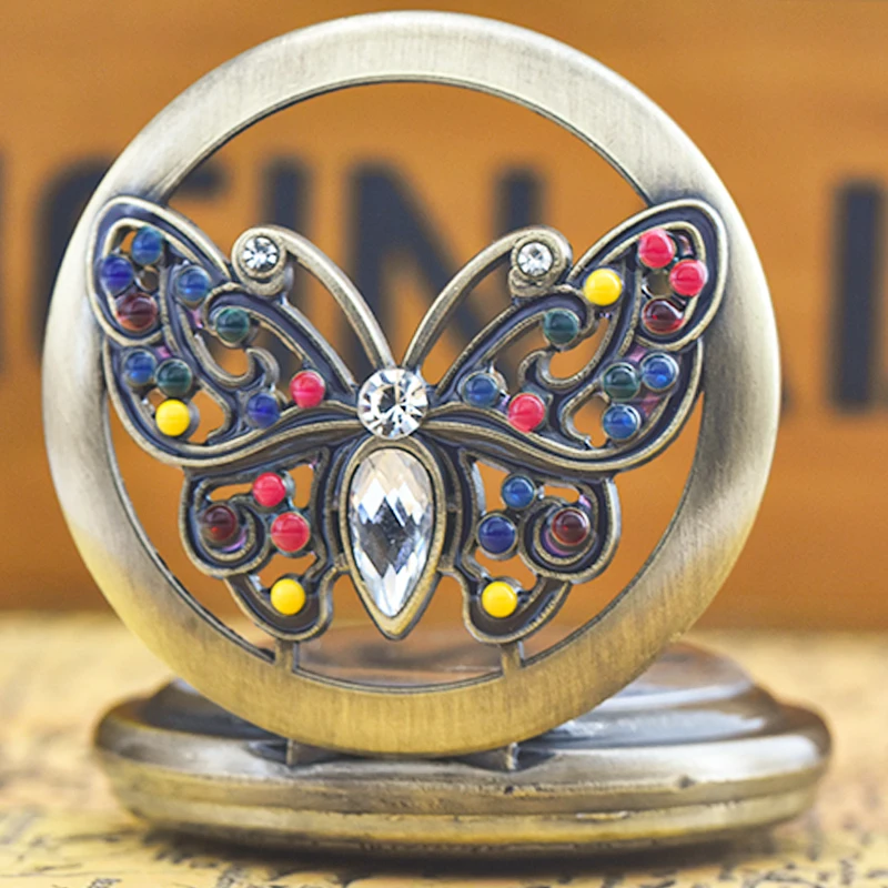 Retro Bronze Steampunk Butterfly Hollowed-Out Engraved Quartz Pocket Watch Necklace Pendant Clock Chain Men And Women Chain Gift