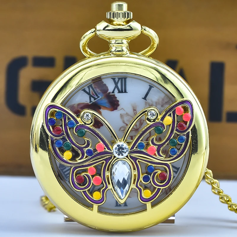 Retro Bronze Steampunk Butterfly Hollowed-Out Engraved Quartz Pocket Watch Necklace Pendant Clock Chain Men And Women Chain Gift