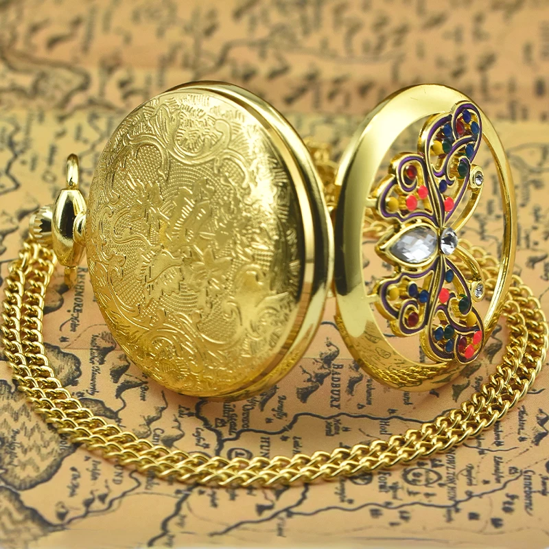 Retro Bronze Steampunk Butterfly Hollowed-Out Engraved Quartz Pocket Watch Necklace Pendant Clock Chain Men And Women Chain Gift