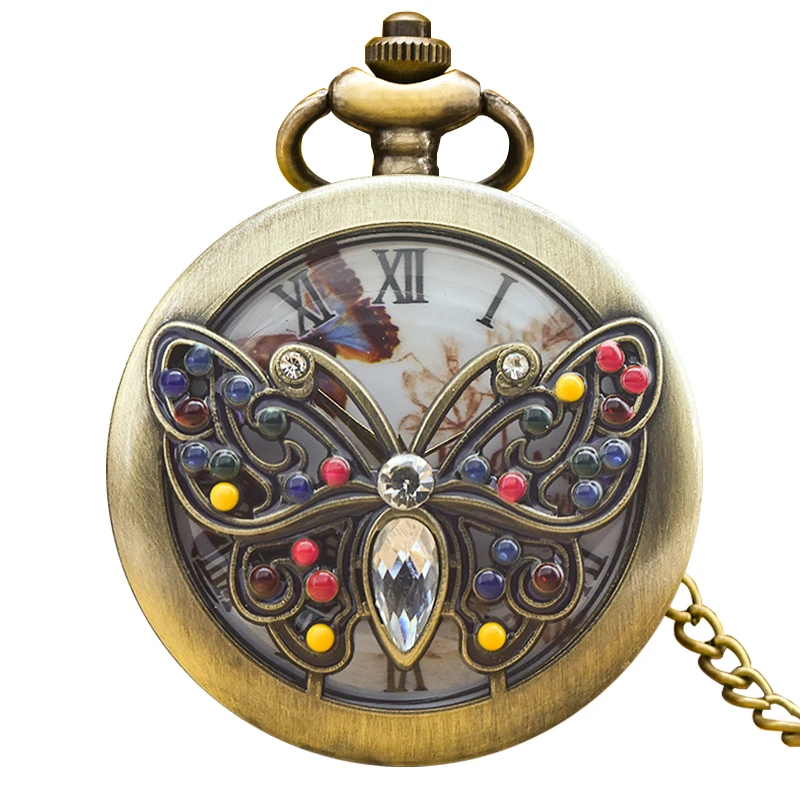 Retro Bronze Steampunk Butterfly Hollowed-Out Engraved Quartz Pocket Watch Necklace Pendant Clock Chain Men And Women Chain Gift