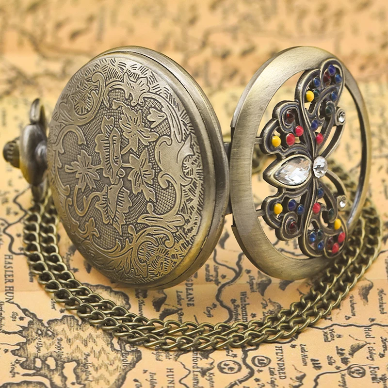 Retro Bronze Steampunk Butterfly Hollowed-Out Engraved Quartz Pocket Watch Necklace Pendant Clock Chain Men And Women Chain Gift