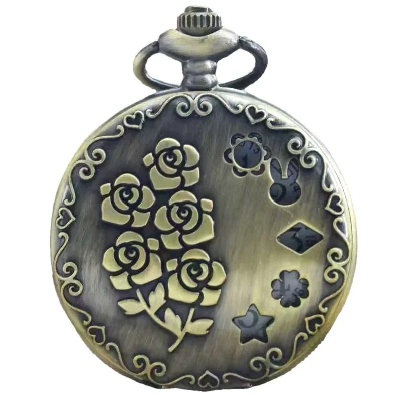 Vintage Bronze Steampunk Rose Carving Quartz Pocket Watch Necklace Pendant Clock Chain Men's and Women's Gift