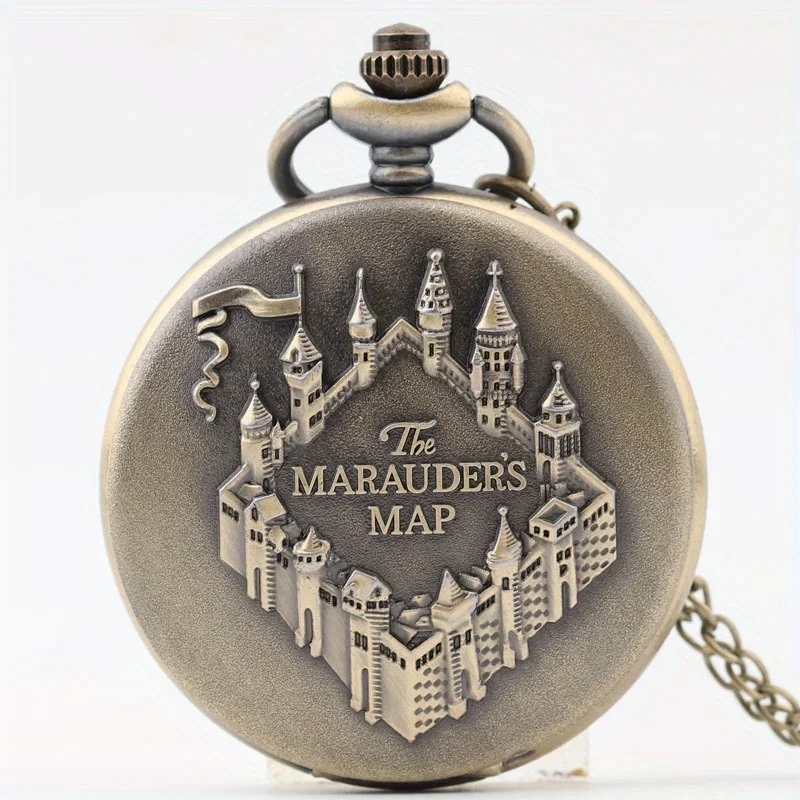 Vintage Castle Embossed Marauder Map Pocket Watch with Bronze Chain - A Timeless Accessory!