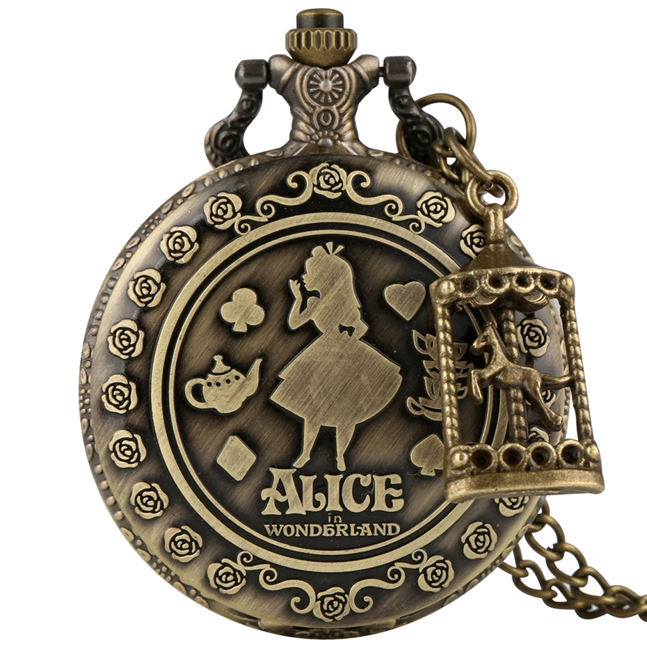 Retro Bronze Dream Women Watch Rabbit Poker Carousel Accessory Quartz Pocket Watch Chain Necklace Pendant for Girl Women