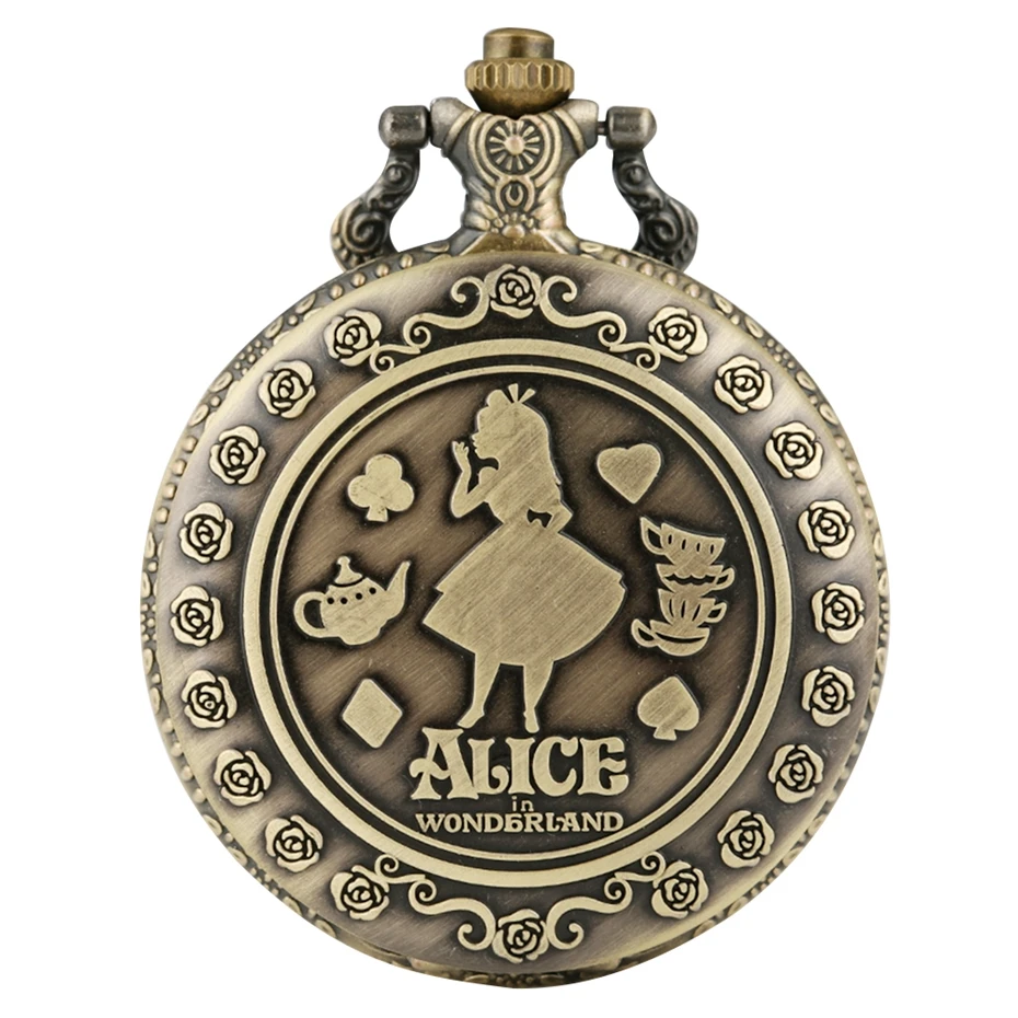 Retro Bronze Dream Women Watch Rabbit Poker Carousel Accessory Quartz Pocket Watch Chain Necklace Pendant for Girl Women