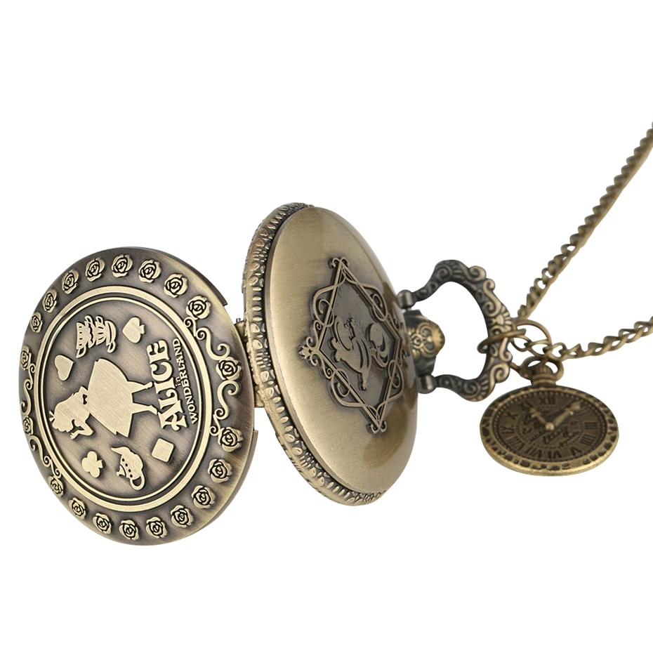 Retro Bronze Dream Women Watch Rabbit Poker Carousel Accessory Quartz Pocket Watch Chain Necklace Pendant for Girl Women