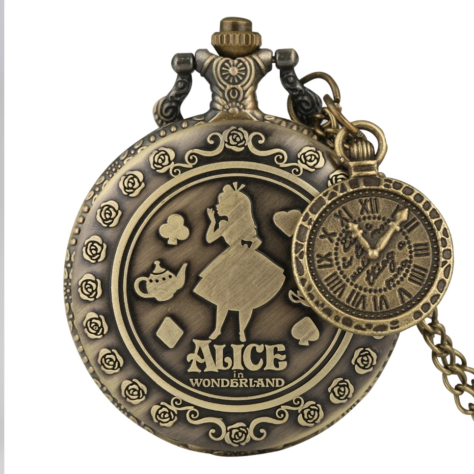 Retro Bronze Dream Women Watch Rabbit Poker Carousel Accessory Quartz Pocket Watch Chain Necklace Pendant for Girl Women