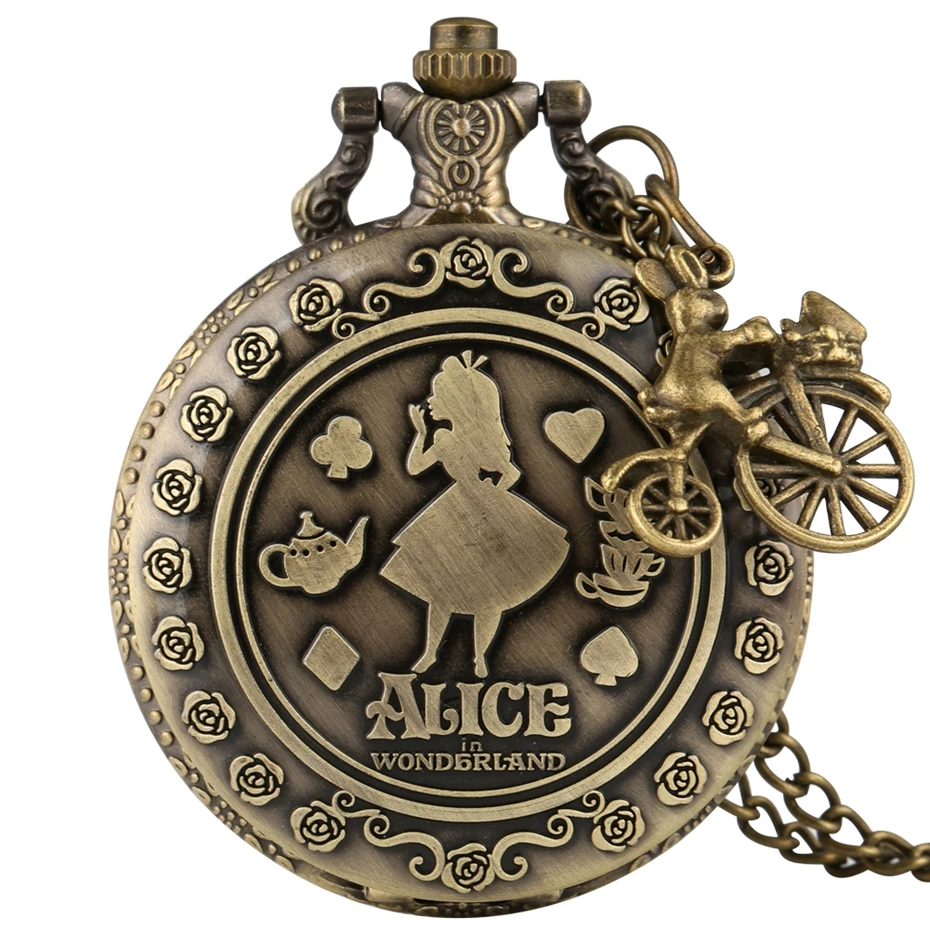 Retro Bronze Dream Women Watch Rabbit Poker Carousel Accessory Quartz Pocket Watch Chain Necklace Pendant for Girl Women