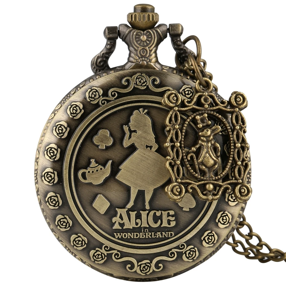 Retro Bronze Dream Women Watch Rabbit Poker Carousel Accessory Quartz Pocket Watch Chain Necklace Pendant for Girl Women