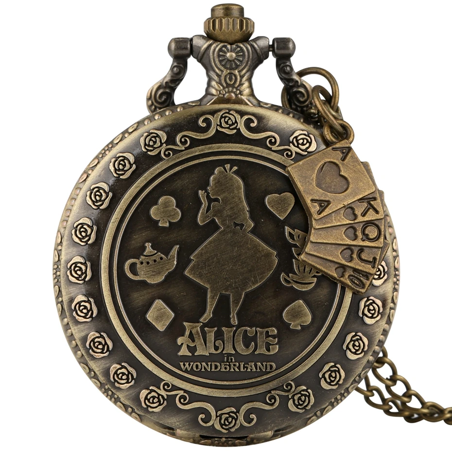 Retro Bronze Dream Women Watch Rabbit Poker Carousel Accessory Quartz Pocket Watch Chain Necklace Pendant for Girl Women