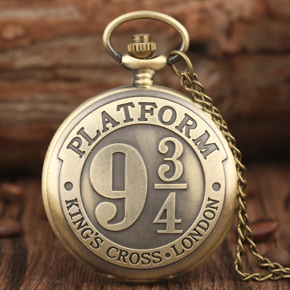 9 3/4 Pattern Retro Bronze Quartz Pocket Watch Anzlog Arabic Numerals Dial Slim Chain Pendant Necklace Gift for Women Men