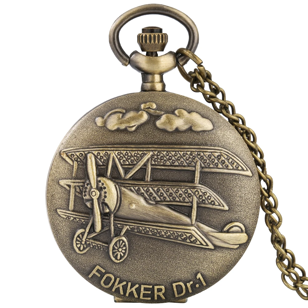 Vintage Sailplane Pattern Bronze Quartz Pendant Fob Pocket Watch With Necklace Chain Gift For Men Women