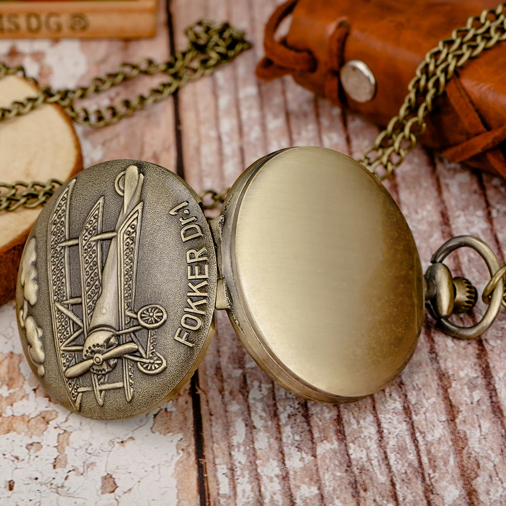 Vintage Sailplane Pattern Bronze Quartz Pendant Fob Pocket Watch With Necklace Chain Gift For Men Women