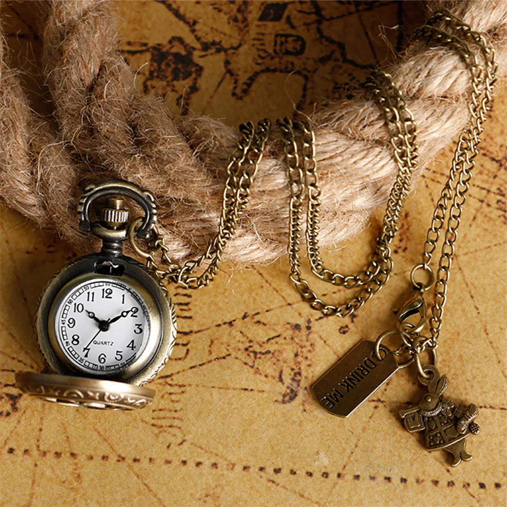 Lovely Mini Necklace Pocket Watch Quartz Arabic Numerals Dial Pendant Chain Antique Tiny Clock Gifts for Kids Women