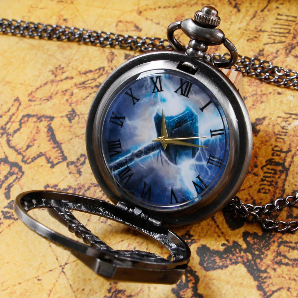 Famous Movie Pattern Carved Roman Numerals Quartz Pocket Watch Necklace Pendant Gifts For Man with Fob Chain